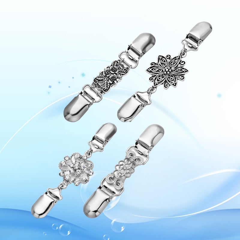 4pcs Sweater Shawl Clips Duckbill Clips Dresses Cardigan Collar Clips Flower Patterns Clip for Women Girls (Each 1pc for Floral Pattern + Silver with Rhinestone + Flower Pattern + without Rhinestone Pattern) - Image 3