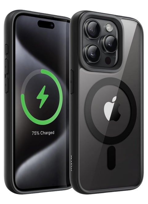 Magnetic Case for iPhone 15 Pro Max 6.7-Inch Compatible with MagSafe, Shockproof Phone Bumper Cover, Solid Color Matte TPU Frame, Anti-Scratch Clear Back (Black Titanium)