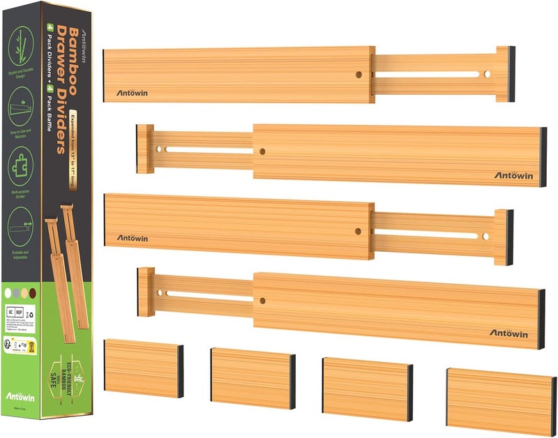 ANTOWIN Bamboo Drawer Dividers Organizers, Drawer Separators Splitter, Adjustable Spring-loaded Organizer for Large Utensil, Clothes, Tools Drawers, (13-17 inches Long) - Image 1