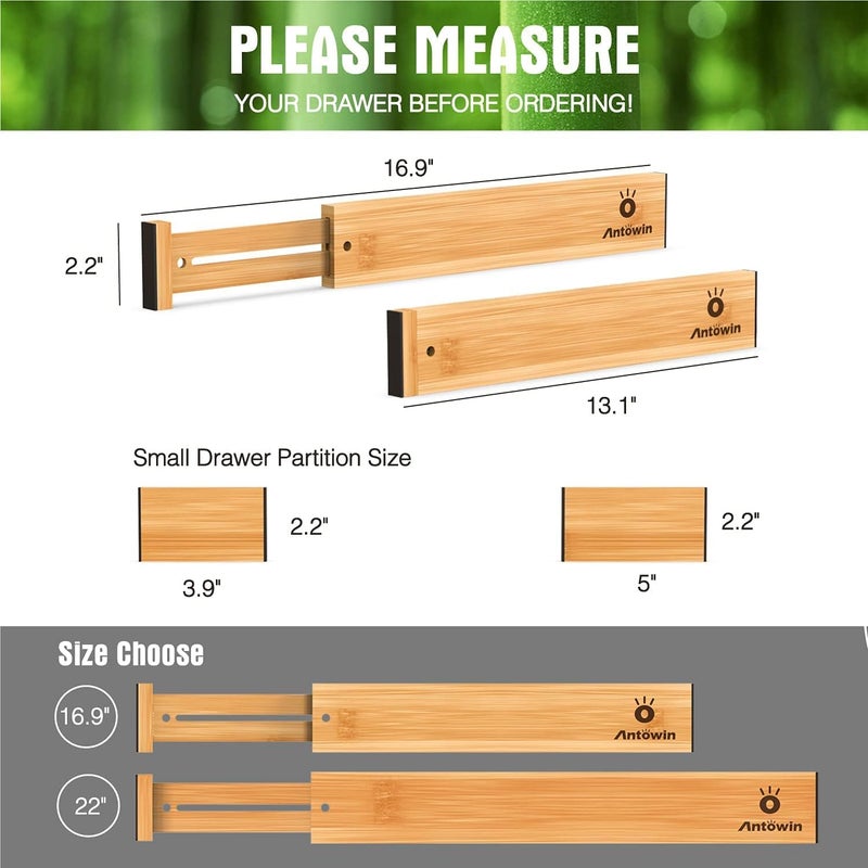 ANTOWIN Bamboo Drawer Dividers Organizers, Drawer Separators Splitter, Adjustable Spring-loaded Organizer for Large Utensil, Clothes, Tools Drawers, (13-17 inches Long) - Image 3