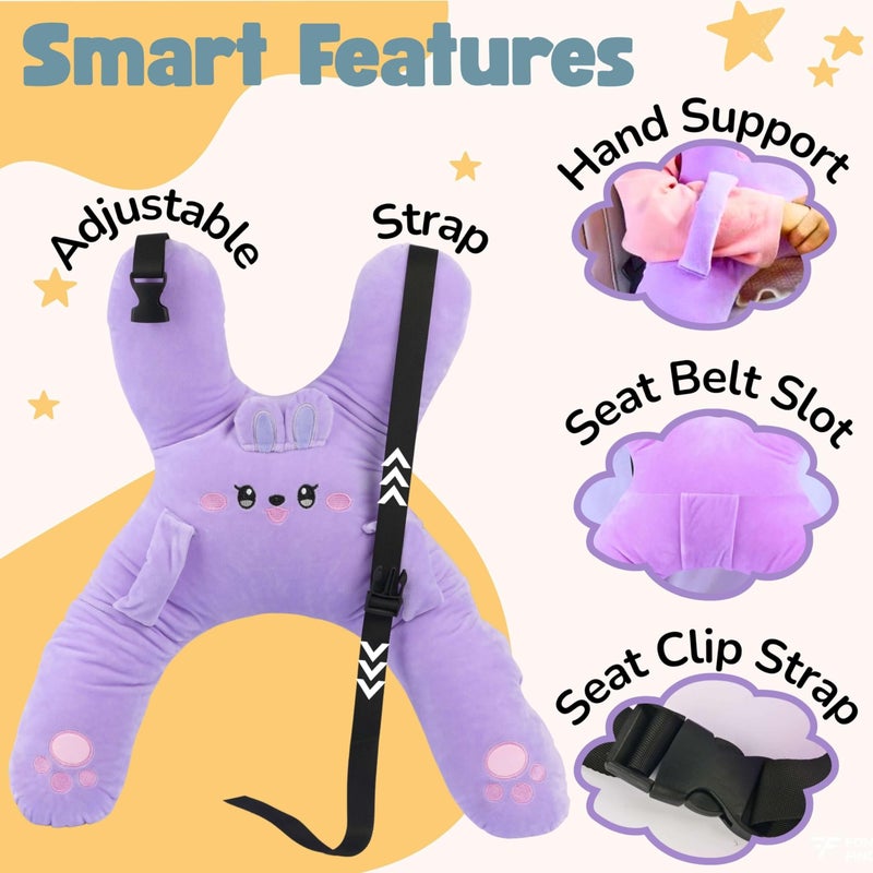 FOMO Finds Kids Car Sleeping Pillow - X-Shaped Plush Animal for Neck & Back Support - Hands & Seat Belt Slot - Machine Washable & Compressible - Perfect for Car, Plane, Train, Boat & More - Purple - Image 5