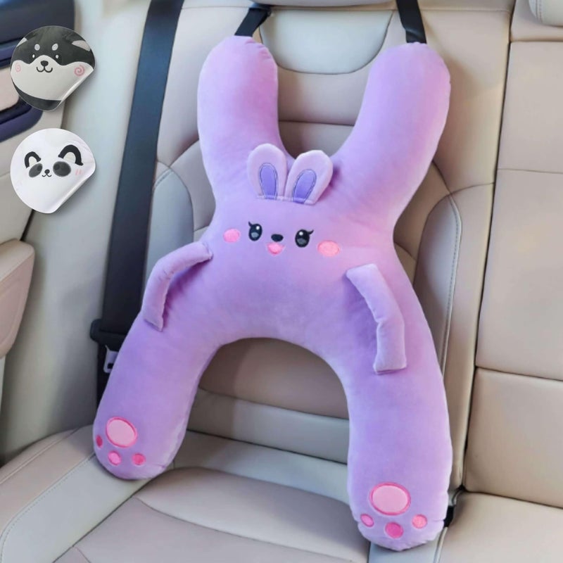 FOMO Finds Kids Car Sleeping Pillow - X-Shaped Plush Animal for Neck & Back Support - Hands & Seat Belt Slot - Machine Washable & Compressible - Perfect for Car, Plane, Train, Boat & More - Purple - Image 1