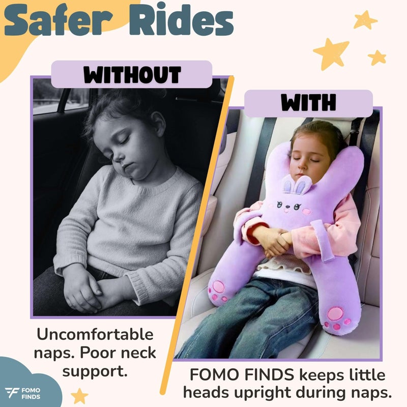 FOMO Finds Kids Car Sleeping Pillow - X-Shaped Plush Animal for Neck & Back Support - Hands & Seat Belt Slot - Machine Washable & Compressible - Perfect for Car, Plane, Train, Boat & More - Purple - Image 4