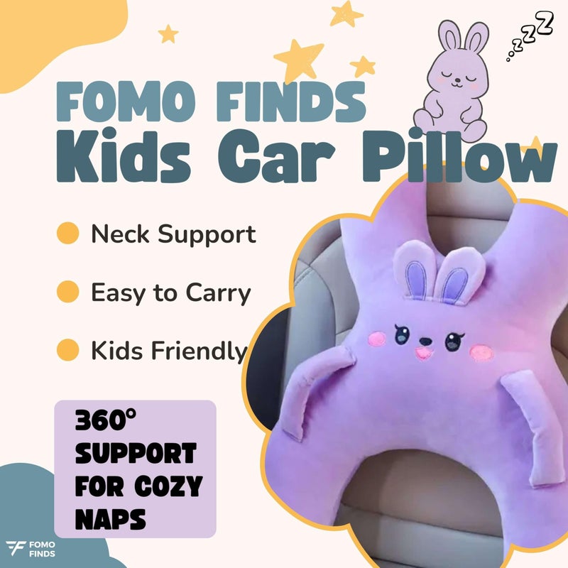 FOMO Finds Kids Car Sleeping Pillow - X-Shaped Plush Animal for Neck & Back Support - Hands & Seat Belt Slot - Machine Washable & Compressible - Perfect for Car, Plane, Train, Boat & More - Purple - Image 3
