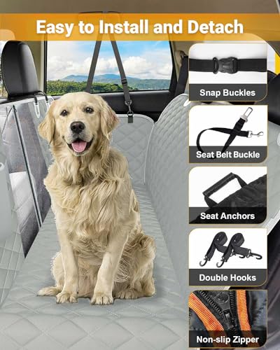 Victoper Dog Car Seat Cover, 600D Heavy Durable Dog Seat Cover for Back Seat, 100% Waterproof Scratch Proof Nonslip Dog Hammock for Car with Side Flap, Pet Back Seat Covers for Cars with SeatBelt Gray - Image 2