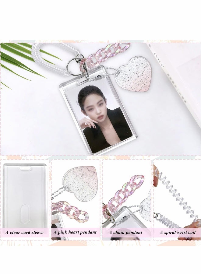 Generic Acrylic Photocard Holders Keychain ID Badge Holder with Spiral Wrist Coil Transparent Card Waterproof Photo Protector for School Office Access Women Girls (Pink, 2Pcs)  - Image 3