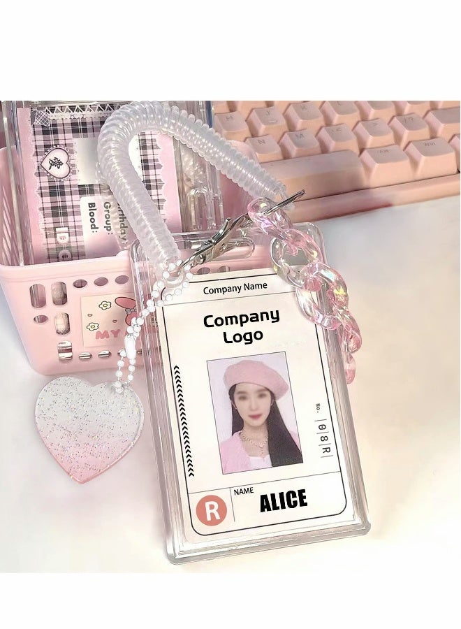 Generic Acrylic Photocard Holders Keychain ID Badge Holder with Spiral Wrist Coil Transparent Card Waterproof Photo Protector for School Office Access Women Girls (Pink, 2Pcs)  - Image 1