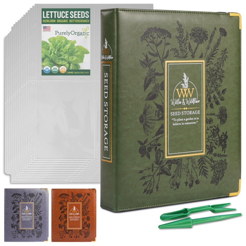Create-ables Willow and Wildflower Garden Seed Organizer Binder, Seed Storage Organizer, Garden Binder Book for Packet Storage Catalog Can Store 160 Packets with Dibber and Widger (Moss Green) - Image 1