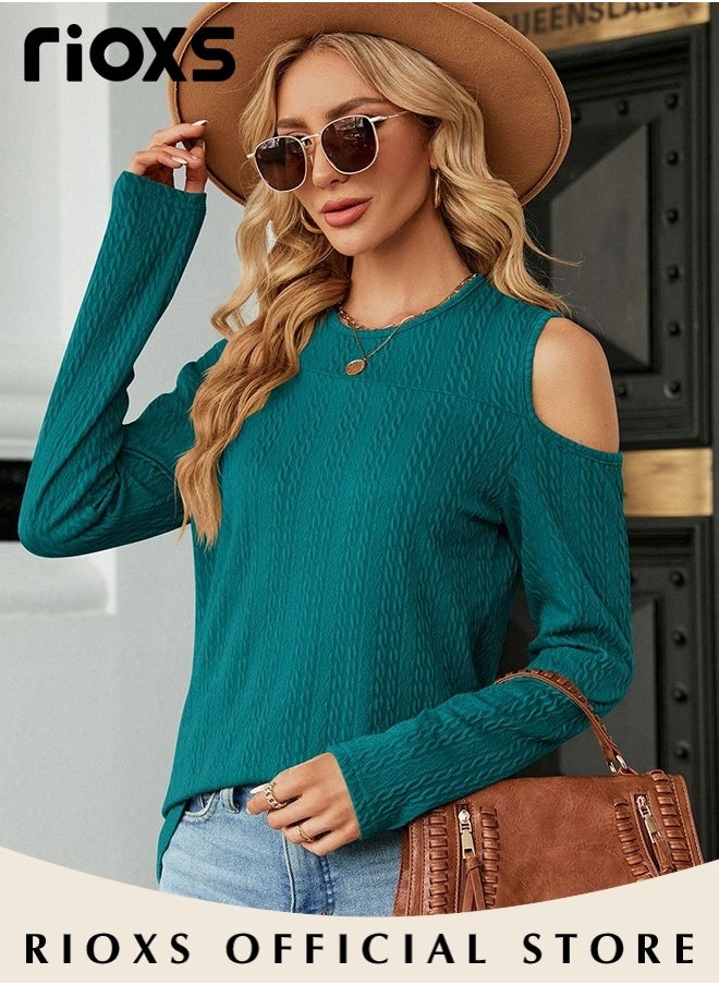 RIOXS Women's Casual Long Sleeve Blouse Round Neck Off-Shoulder Pullover Shirt Soft and Comfortable Top for Fall  - Image 5