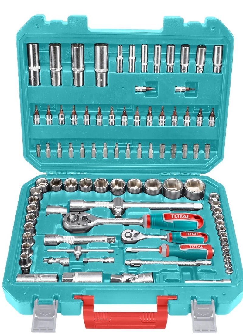 TOTAL Super Total 94-Piece Premium Socket and Bit Set with 1/4" & 1/2" Drive – Includes Ratchet Wrenches, Deep Sockets, Extensions, Universal Joints, and More| Ideal Tool Kit for Mechanics, DIY Repairs, and Professional Applications  - Image 2