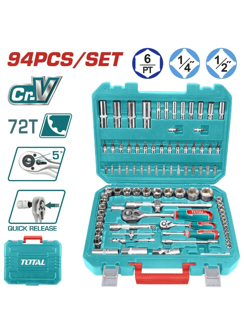 TOTAL Super Total 94-Piece Premium Socket and Bit Set with 1/4" & 1/2" Drive – Includes Ratchet Wrenches, Deep Sockets, Extensions, Universal Joints, and More| Ideal Tool Kit for Mechanics, DIY Repairs, and Professional Applications  - Image 1