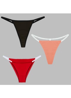 Yohannes Club Women, 3-Piece String Set, (Brazilian, T-Thong and Thong String Set), Red, Salmon, Black  - Image 1