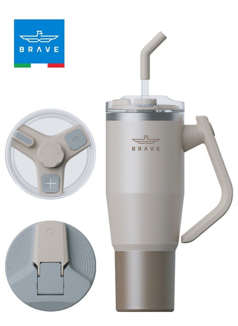 Temp Guard 40 oz (1200 ml) Stainless Steel Thermal Mug with Straw - Vacuum Insulated, 180° Rotating Handle, Includes 2 Leakproof Lids, Keeps Liquids Hot for 12 Hours and Cold for 24 Hours, BPA Free, Perfect for Office, Travel, and the Gym (Beige)