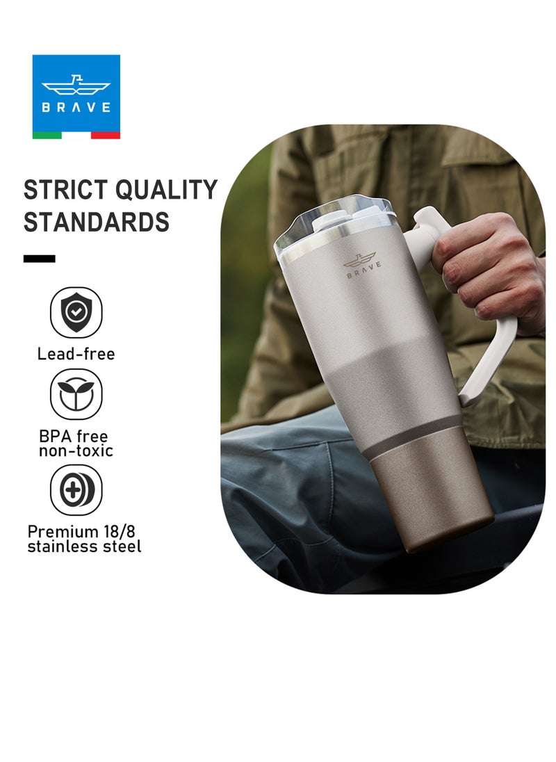 Temp Guard 40 oz (1200 ml) Stainless Steel Thermal Mug with Straw - Vacuum Insulated, 180° Rotating Handle, Includes 2 Leakproof Lids, Keeps Liquids Hot for 12 Hours and Cold for 24 Hours, BPA Free, Perfect for Office, Travel, and the Gym (Beige)