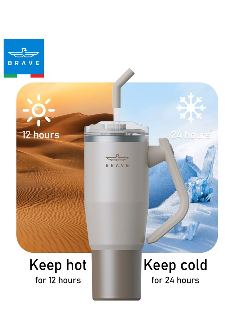 Temp Guard 40 oz (1200 ml) Stainless Steel Thermal Mug with Straw - Vacuum Insulated, 180° Rotating Handle, Includes 2 Leakproof Lids, Keeps Liquids Hot for 12 Hours and Cold for 24 Hours, BPA Free, Perfect for Office, Travel, and the Gym (Beige)