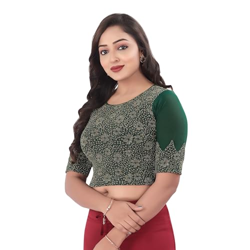 DESI GIRL - Round Neck Jacquard Regular Fit Saree Blouse for Women | Half Sleeve Readymade Stretchy Embroidered Design Festive Blouse Perfect for Saree, Lehenga, Kurti | Dark Green - 32 - Image 2