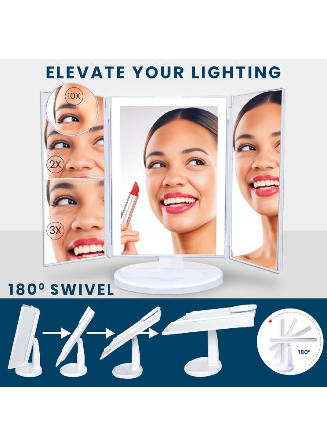 مرآة مكياج LED مضيئة ثلاثية الطي عالية الوضوح مع تحكم باللمس، مرآة تجميل محمولة للسفر وطاولة الزينة، مقاس 35 × 28.5 × 11.5 سم – أبيض - Image 5