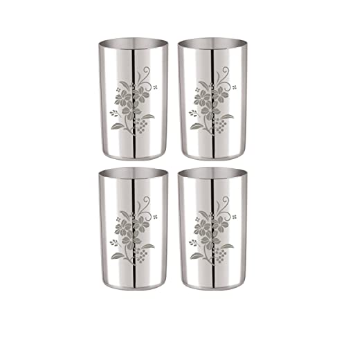 Neelam Stainless Steel 7, 22 Gauge Lazer Etching Amrapali Glass, 400 ml, Set of 4, Elegant and Durable Drinking Glass for Water, Juices, and Beverages, Ideal for Daily Use, Parties, Easy to Clean - Image 1