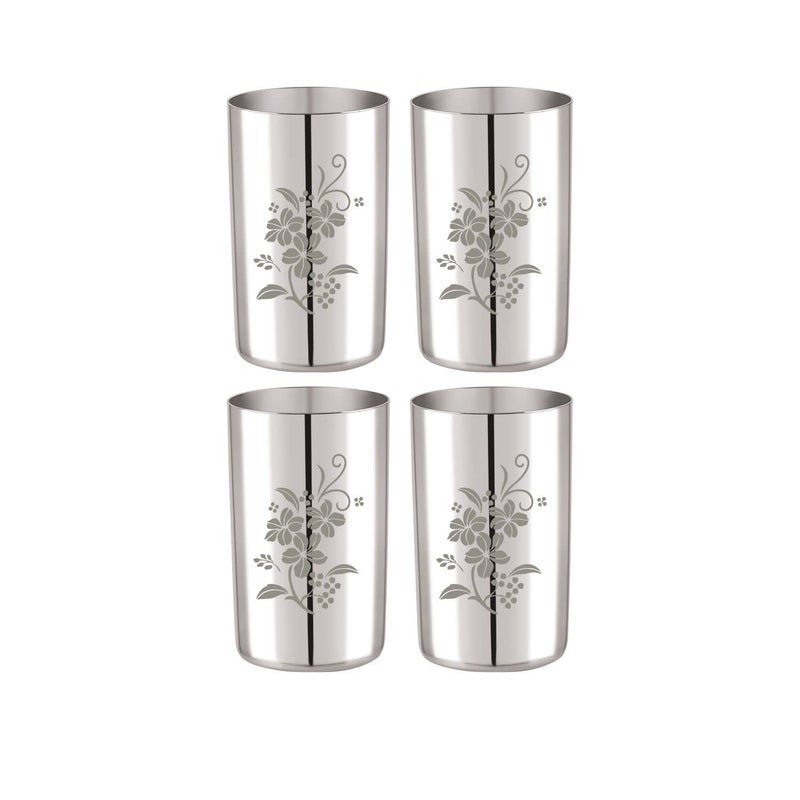 Neelam Stainless Steel 7, 22 Gauge Lazer Etching Amrapali Glass, 400 ml, Set of 4, Elegant and Durable Drinking Glass for Water, Juices, and Beverages, Ideal for Daily Use, Parties, Easy to Clean - Image 3