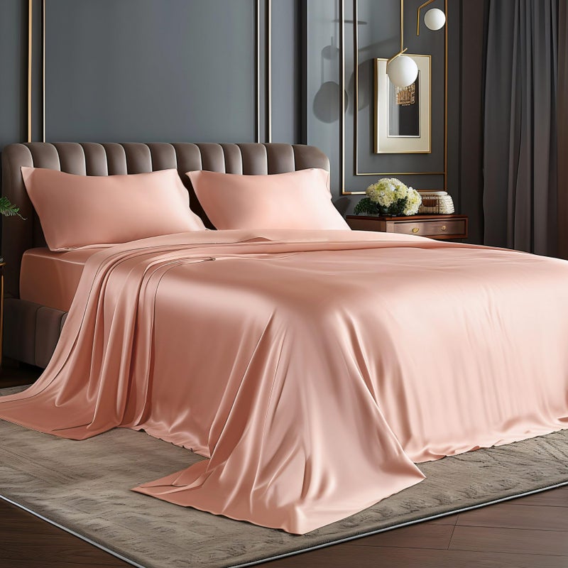 BEDELITE Satin Sheets Queen Size Bed Set  Luxury Soft Coral Pink Silky Sheets for Hair and Skin  Similar to Silk Bed Sheet Set 4 Pieces with 1 Deep Pocket Fitted Sheet  1 Flat Sheet  and 2 Pillowcases - Image 1