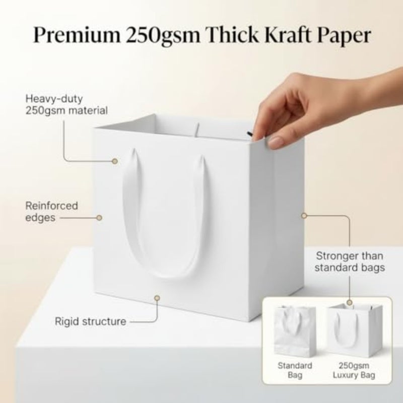 10 عبوات من أكياس الهدايا المربعة باللون الأبيض الفاخر مقاس 25 × 25 × 25 سم، ورق كرافت 250 جرامًا للمتر المربع، قاعدة معززة، مقابض شريطية، حقائب تسوق وحفلات متميزة - Image 2