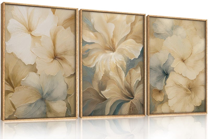 KAIRNE Abstract Floral Framed Canvas Wall Art Set of 3, Modern Neutral Flower Prints, Boho Botanical Artwork for Living Room Bedroom Office, 16Ã—24inch - Image 1
