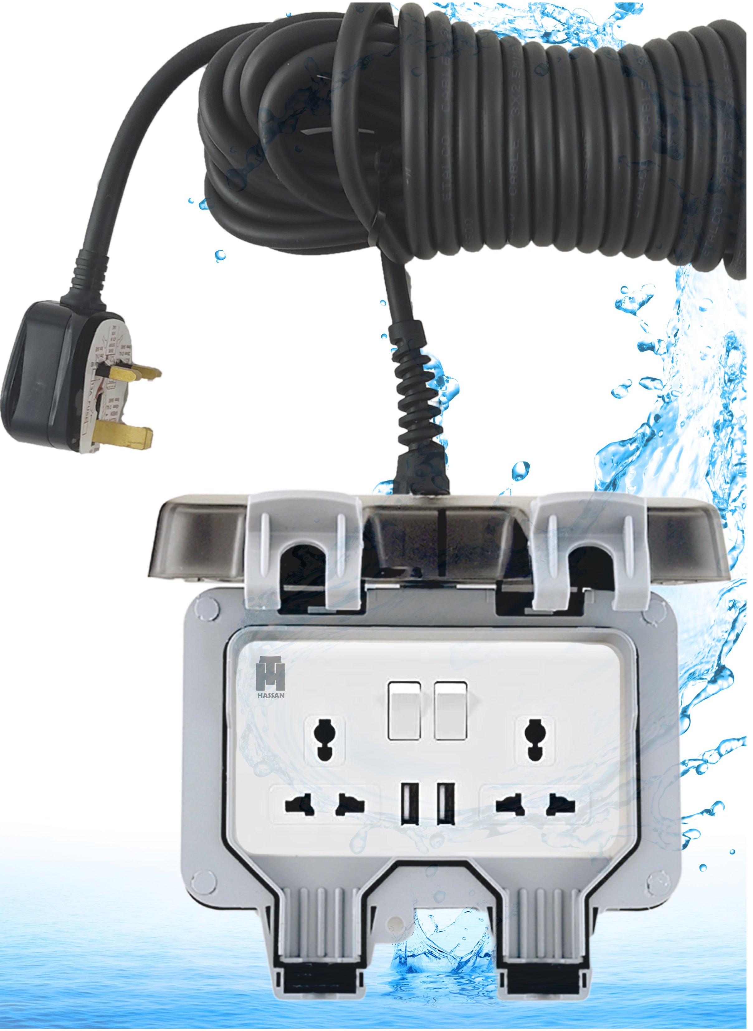 Hassan Waterproof 13A Universal Extension Socket with 2 USB Ports - High Quality Material, Ample Cable Length, User-Friendly Design, IP66 Rated 