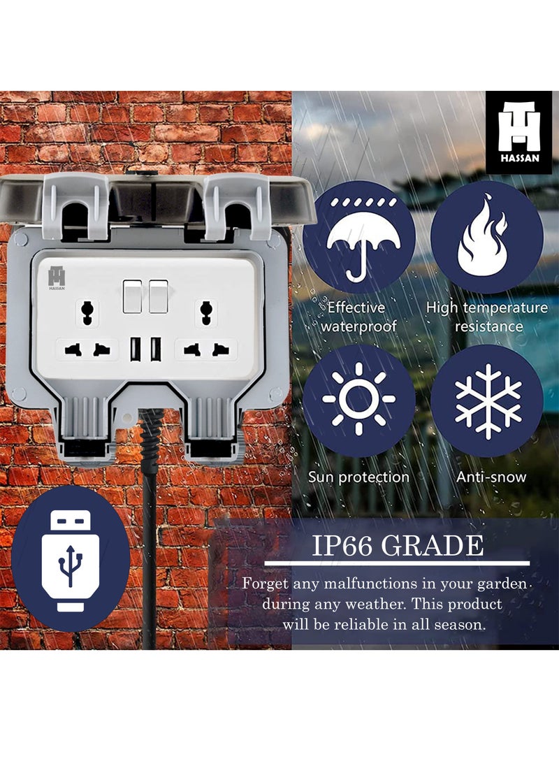 Hassan Hassan Waterproof 13A Universal Extension Socket with 2 USB Ports - High Quality Material, Ample Cable Length, User-Friendly Design, IP66 Rated  - Image 2