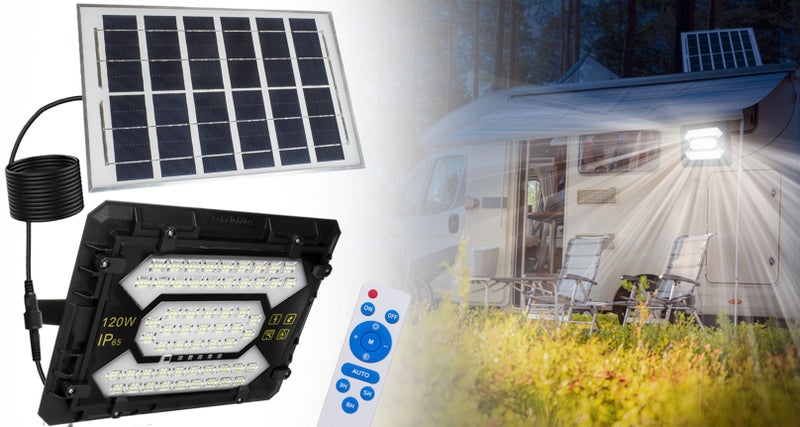 كشاف LED شمسي مقاوم للماء بقدرة 120 واط بمعيار IP65 مع جهاز تحكم عن بعد - Image 1