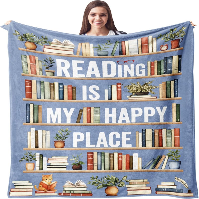 Exclusive women's and girls' flannel blanket for book fans (150cmx130cm) in blue - a gift for librarians, book clubs, and reading enthusiasts - Image 1