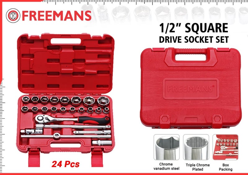 FREEMANS 1/2" Square Drive 24 Pieces HEX Sockets set With Carry Box, Chrome Vanadium Steel, Use for Home & Industrial || Professional Automobiles || Bike || Car Repair Tool Kit || 1 Year Warranty - Image 2