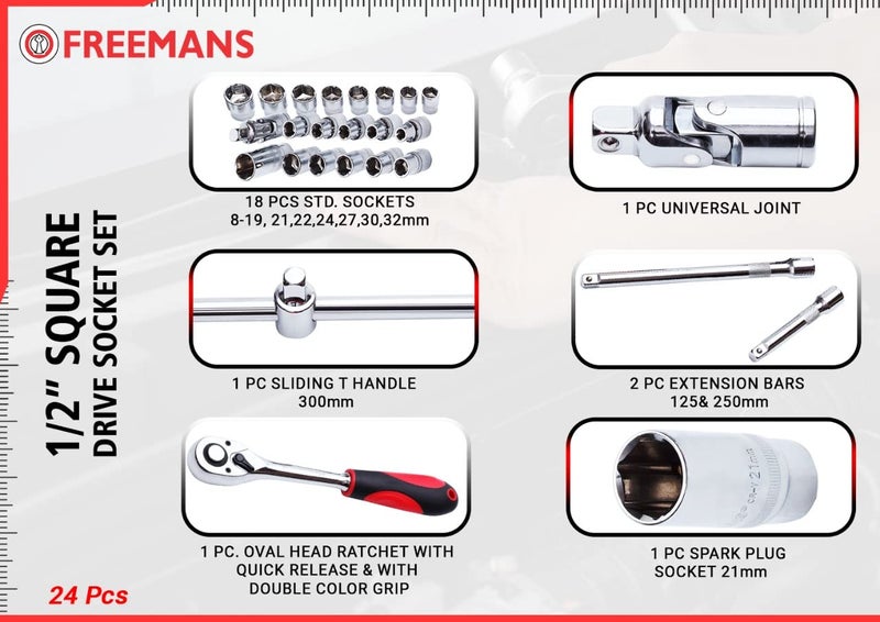 FREEMANS 1/2" Square Drive 24 Pieces HEX Sockets set With Carry Box, Chrome Vanadium Steel, Use for Home & Industrial || Professional Automobiles || Bike || Car Repair Tool Kit || 1 Year Warranty - Image 4