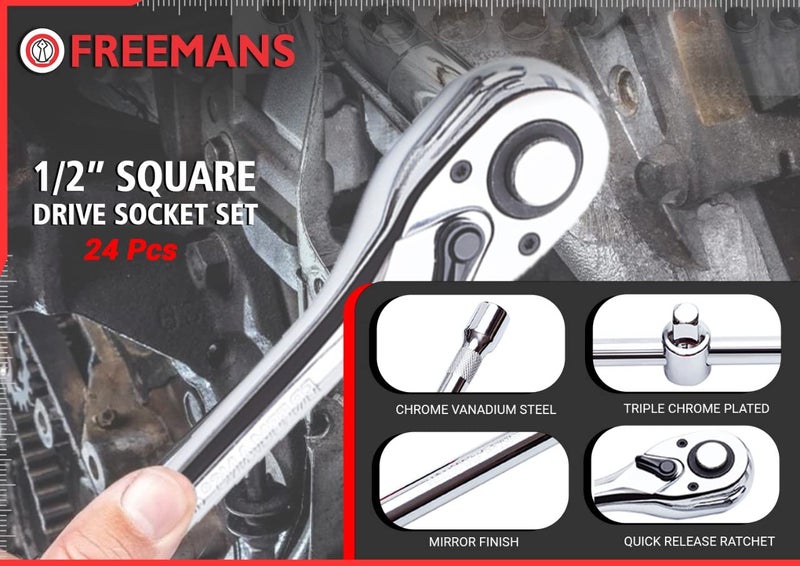 FREEMANS 1/2" Square Drive 24 Pieces HEX Sockets set With Carry Box, Chrome Vanadium Steel, Use for Home & Industrial || Professional Automobiles || Bike || Car Repair Tool Kit || 1 Year Warranty - Image 5