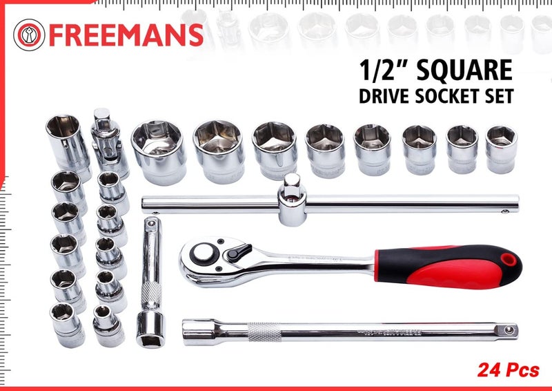 FREEMANS 1/2" Square Drive 24 Pieces HEX Sockets set With Carry Box, Chrome Vanadium Steel, Use for Home & Industrial || Professional Automobiles || Bike || Car Repair Tool Kit || 1 Year Warranty - Image 3