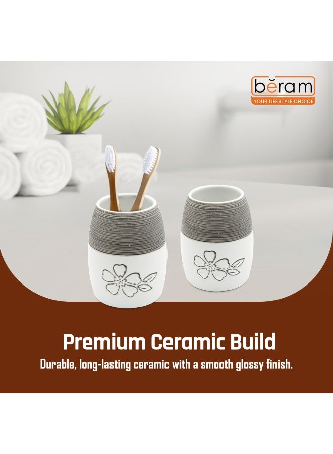 بيرام طقم ملحقات حمام من السيراميك بألوان الأبيض والأسود مع تصميم مزخرف أنيق من الزهور، يتضمن موزع صابون، حامل فرشاة أسنان، كوب وصحن صابون (حامل الكوب والفرشاة) - Image 2