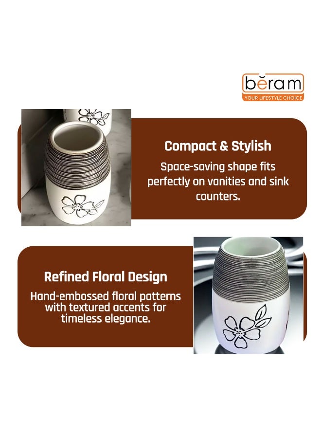بيرام طقم ملحقات حمام من السيراميك بألوان الأبيض والأسود مع تصميم مزخرف أنيق من الزهور، يتضمن موزع صابون، حامل فرشاة أسنان، كوب وصحن صابون (حامل الكوب والفرشاة) - Image 5