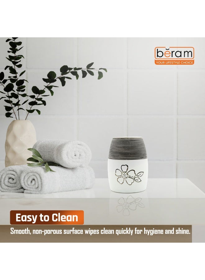 بيرام طقم ملحقات حمام من السيراميك بألوان الأبيض والأسود مع تصميم مزخرف أنيق من الزهور، يتضمن موزع صابون، حامل فرشاة أسنان، كوب وصحن صابون (حامل الكوب والفرشاة) - Image 4