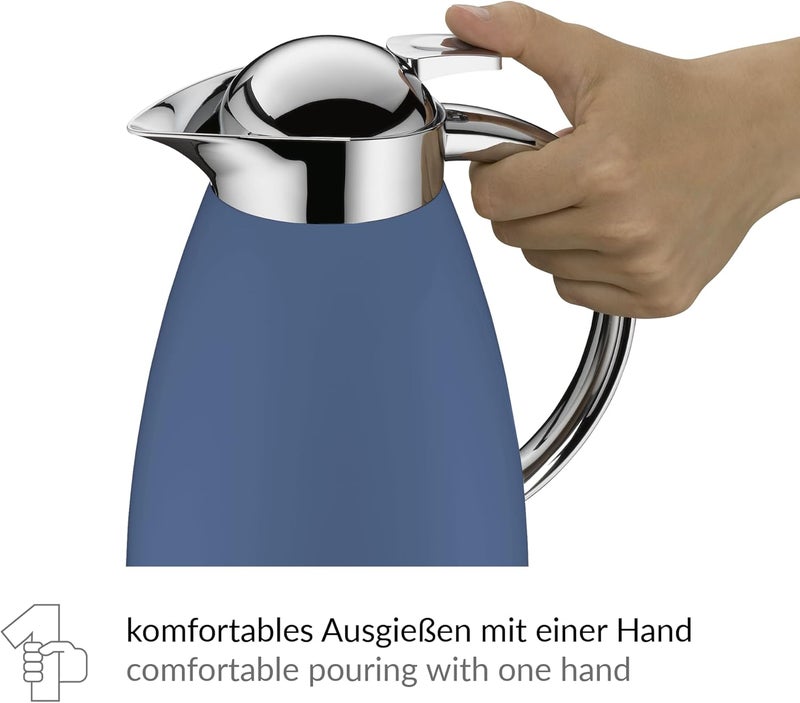 Alfi SIGNO 1.0 L, Blue Matt, Stainless Steel Vacuum Flask with Hygienic Tempered Glass Insert, Screw Cap with Comfortable Push Button, Ergonomic Handle, with One Hand, Ideal as a Coffee Pot, Teapot - Image 3