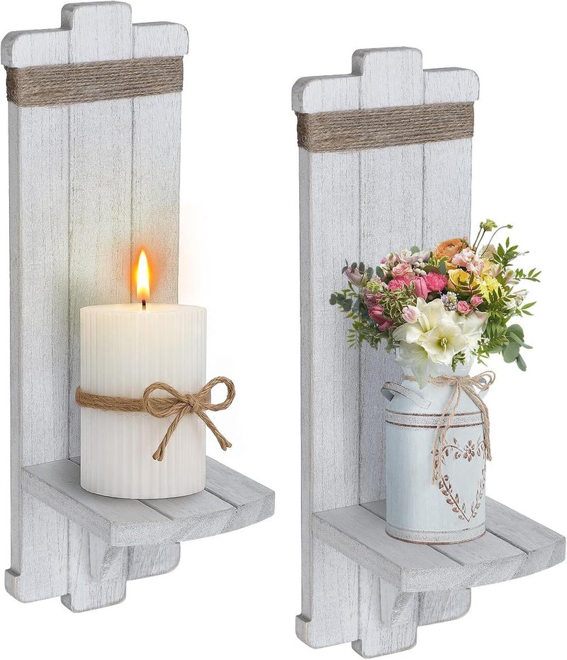 Alphatool Well-engineered versatile build 2 PCS Farmhouse Wall Hanging Candle Sconces - Nordic Style Handmade Wooden Wall-Mount Candle Holders Rustic Hanging Wall Sconces for Bedroom Living Room Kitchen Bathroom, White, grey, black Durability enhanced - Image 1
