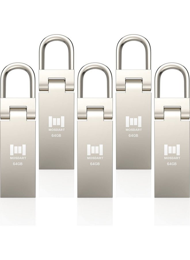mosDART 64Gb 5 Pack Usb 2.0 Waterproof Metal Flash Drive With Keychain 64 Gb Exfat Thumb Drives Portable Multipack Jump Drive Memory Stick For Storage And Backup Silver  - Image 1