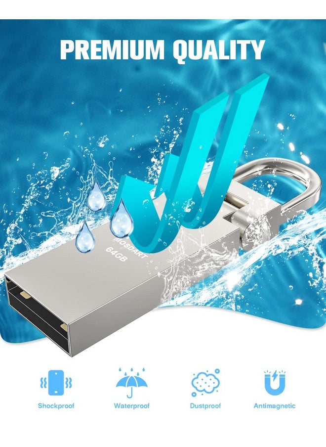 mosDART 64Gb 5 Pack Usb 2.0 Waterproof Metal Flash Drive With Keychain 64 Gb Exfat Thumb Drives Portable Multipack Jump Drive Memory Stick For Storage And Backup Silver  - Image 5
