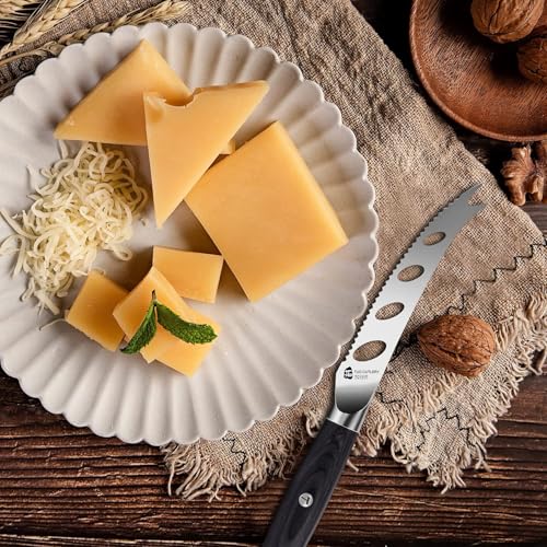 TUO Cheese Slicer Knife, 5" Serrated Tomato Knife, with Forked Tip & Non-Stick Blade, High Carbon German Steel, Ergonomic Handle with Gift Box, Falcon Series - Image 4