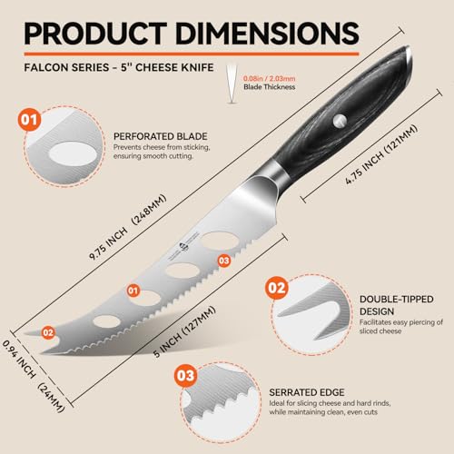 TUO Cheese Slicer Knife, 5" Serrated Tomato Knife, with Forked Tip & Non-Stick Blade, High Carbon German Steel, Ergonomic Handle with Gift Box, Falcon Series - Image 5