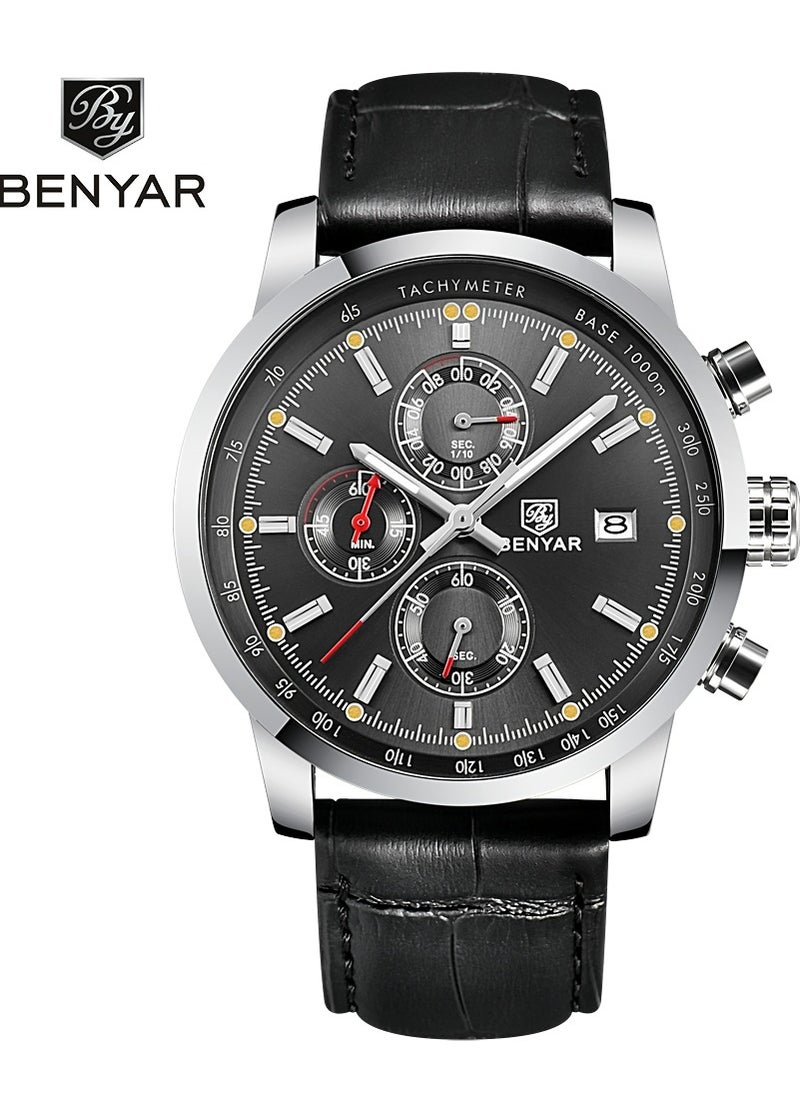 BENYAR - BENYAR Mens Watches Quartz Chronograph Business Luxury Brand Waterproof Wristwatches Fashion Back Leather Watches for Men - Image 1