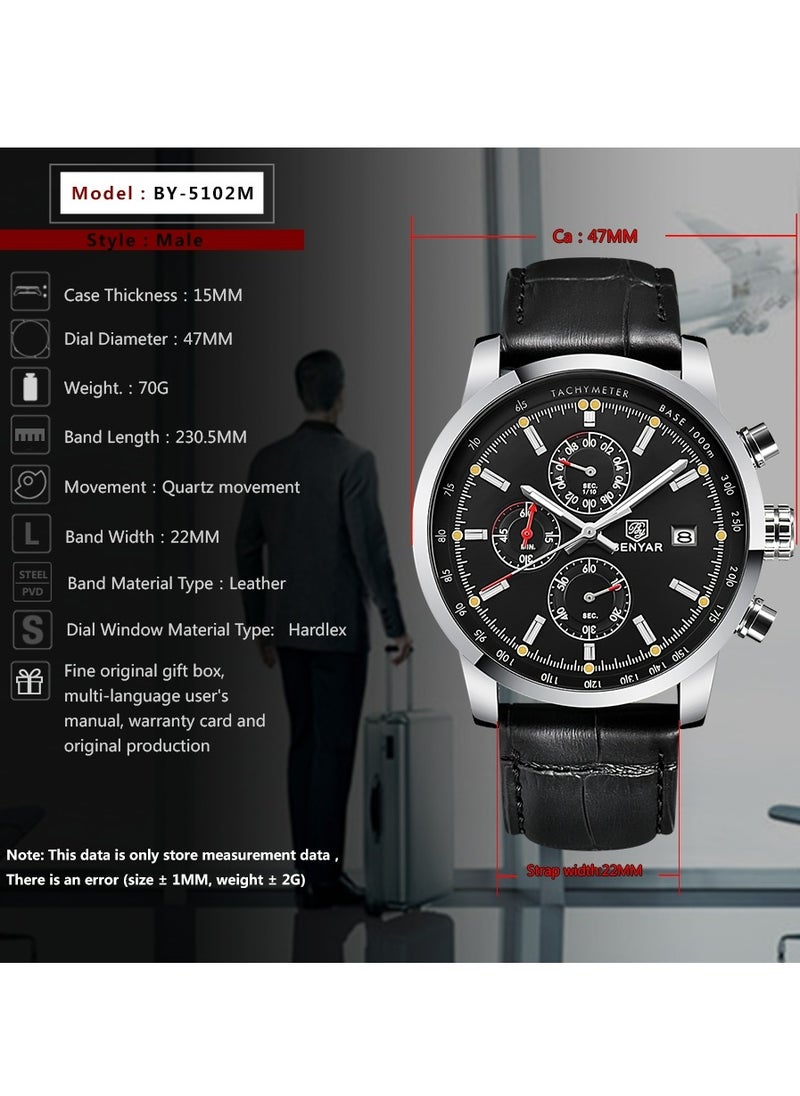 BENYAR - BENYAR Mens Watches Quartz Chronograph Business Luxury Brand Waterproof Wristwatches Fashion Back Leather Watches for Men - Image 1
