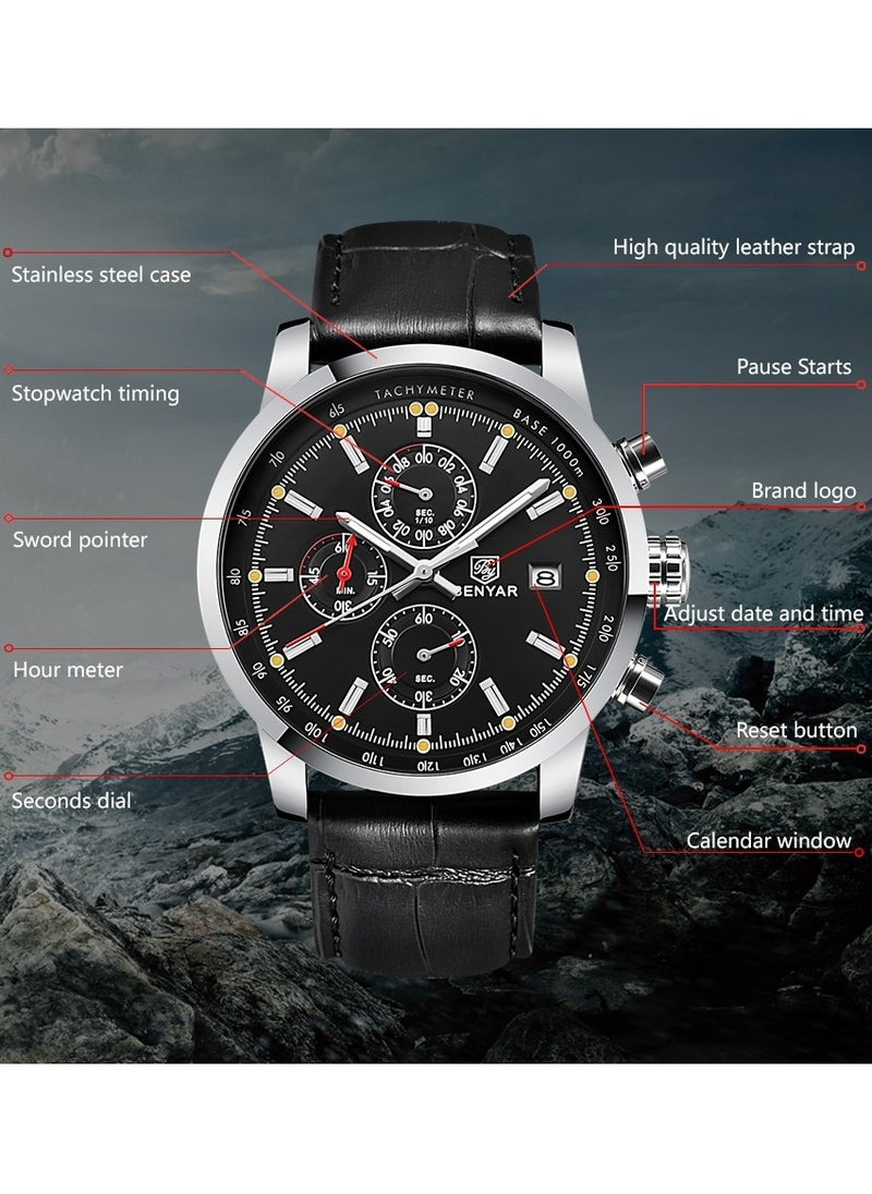 BENYAR - BENYAR Mens Watches Quartz Chronograph Business Luxury Brand Waterproof Wristwatches Fashion Back Leather Watches for Men - Image 1