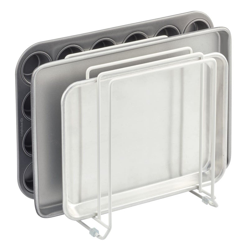 mDesign X-Large Steel Storage Tray Organizer Rack for Kitchen Cabinet - Divided Holder with 5 Slots for Skillets, Frying Pan, Pot Lids, Cutting Board, Baking Sheets - Concerto Collection - White - Image 1