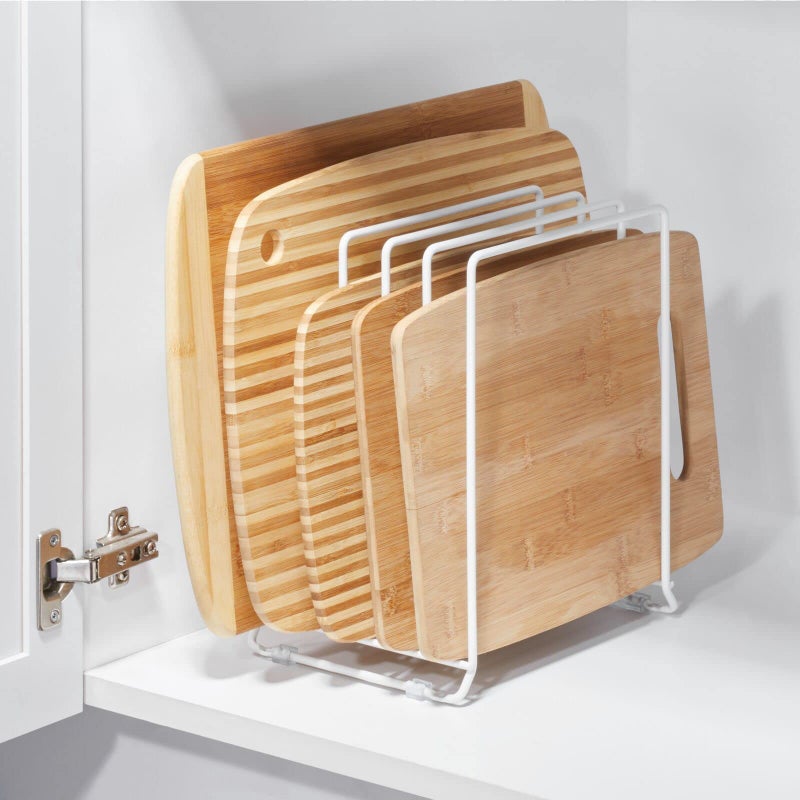 mDesign X-Large Steel Storage Tray Organizer Rack for Kitchen Cabinet - Divided Holder with 5 Slots for Skillets, Frying Pan, Pot Lids, Cutting Board, Baking Sheets - Concerto Collection - White - Image 2