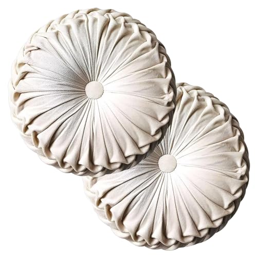 Teieas 2 Pcs Round Throw Pillows Decorative Pumpkin Velvet Boho Pleated Bed Pillows Back Support for Couch Chair Dorm Car 1496 Beige - Image 1