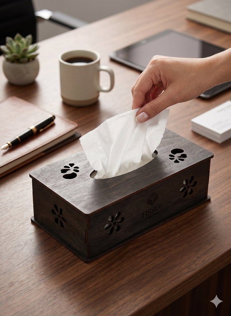 Decorative Wooden Tissue Box Holder Available in 3 Different Designs and Colors (Black, Blue, Brown) Ideal for Office Car and Home Use Single Piece Tissue Dispenser Case - Image 1